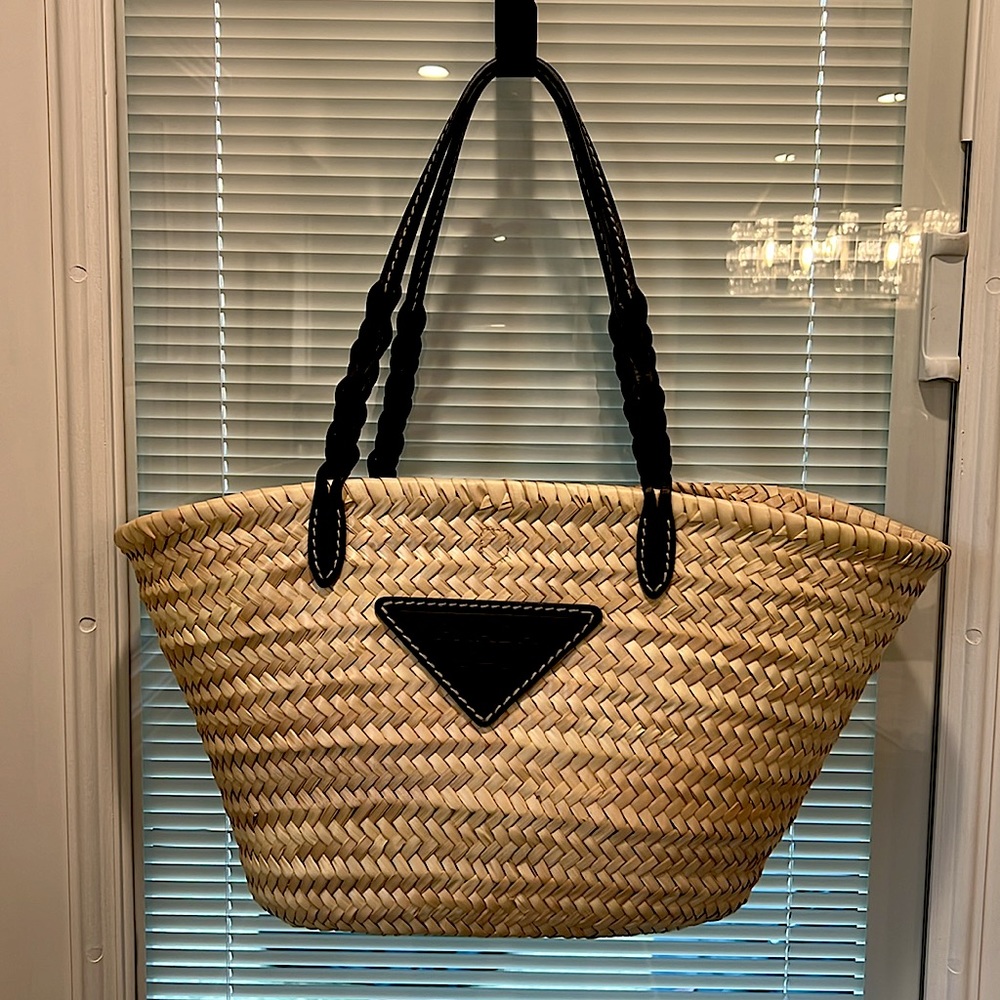 Prada Palm Basket Tote Raffia with Black Leather